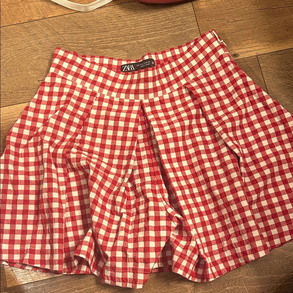 Zara Red and White Checkered High Waist Shorts